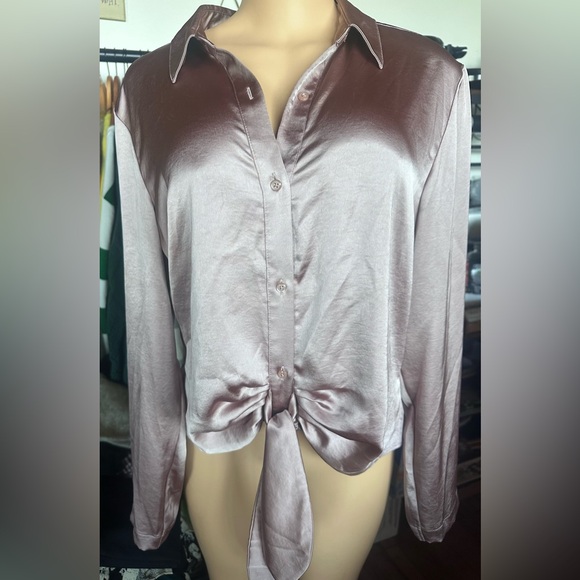 Express Tops - Express Pink Long Sleeve Tie-Front Button Down